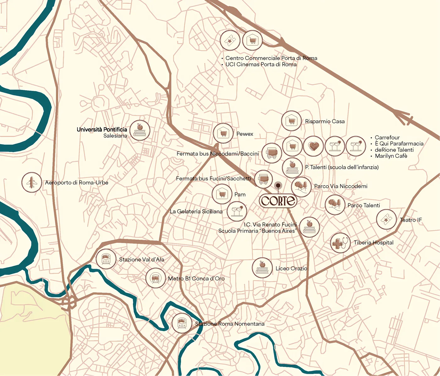 Mappa illustrata del quartiere Talenti con Corte e i punti di interesse vicini